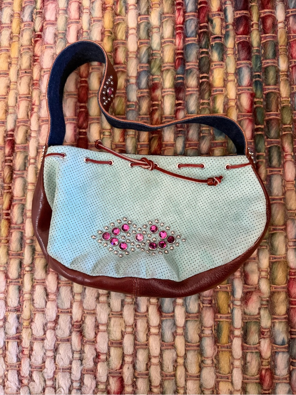 Tylie Malibu Mint Green and Brown small hobo with Pink Crystal Clusters on sides